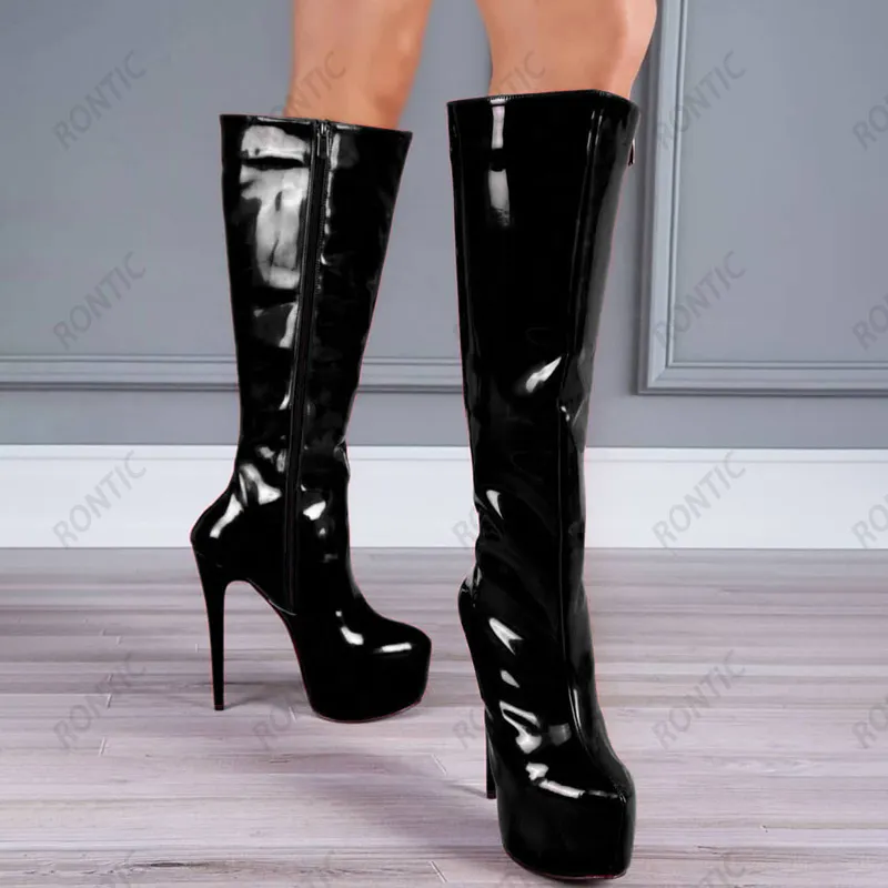 rontic 아주 새로운 여성 겨울 무릎 높은 부츠 특허 유니섹스 부츠 Stiletto 발 뒤꿈치 라운드 발가락 예쁜 빨간 드레스 신발 미국 크기 5-20