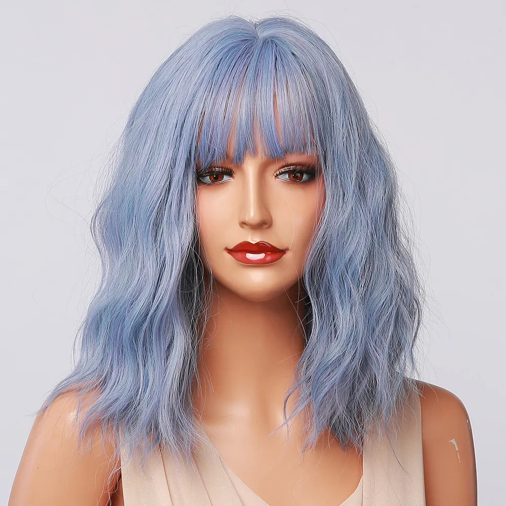 Wymieszaj jasnoniebieską fioletową perukę krótkiej fali wodnej dla kobiet odporna na ciepło syntetyczną perukę fryzjerską cosplay lolita peruka z Bangsfactory Direct