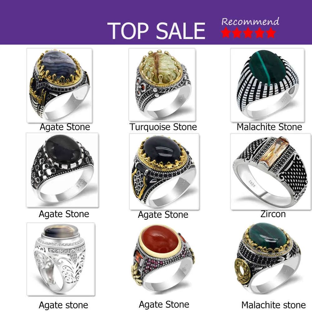 Genuine Pure 925 Sterling Silver With Agate Stone Antique Wedding For Men Turkish Punk Rock Jewelry Gift Women Rings