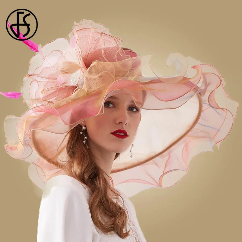 FS Pink Organza Kentucky Derby Hat para mujer Playa de ala ancha Sombreros grandes para el sol Flores Elegantes Damas Boda Iglesia Fiesta Fedoras 2103234l