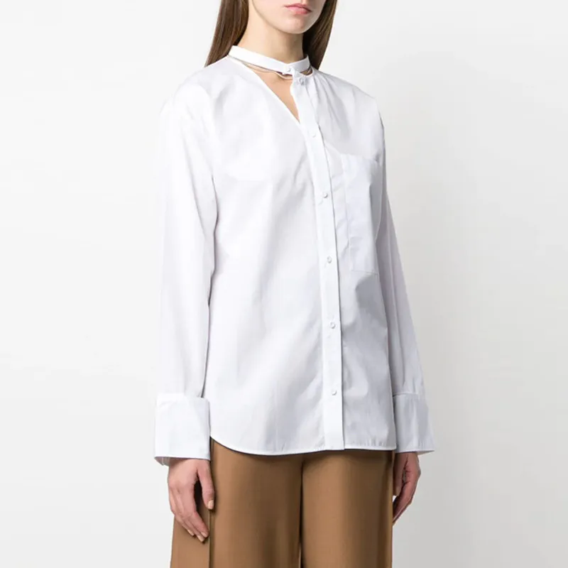 Vrouwen witte holle halster sexy blouse stand kraag lange mouw losse fit shirt mode lente herfst gx883 210421