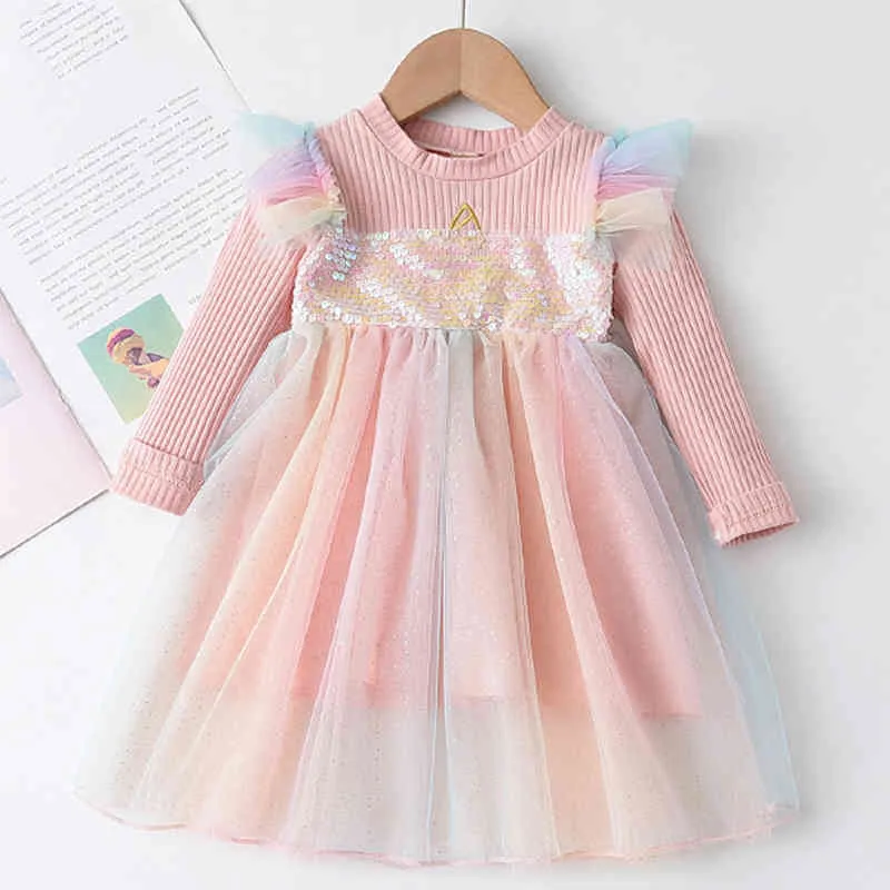 Meisjes prinses jurk lente lange mouwen regenboog mesh stiksels verjaardagsfeestje kinderen 2-6Y 210515