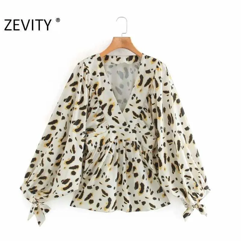 Zevenity Dames Vintage V-hals Leopard Print Casual Smock Blouse Kantoor Dames Plooien Lantaarn Mouw Kimono Shirts Tops LS7262 210603