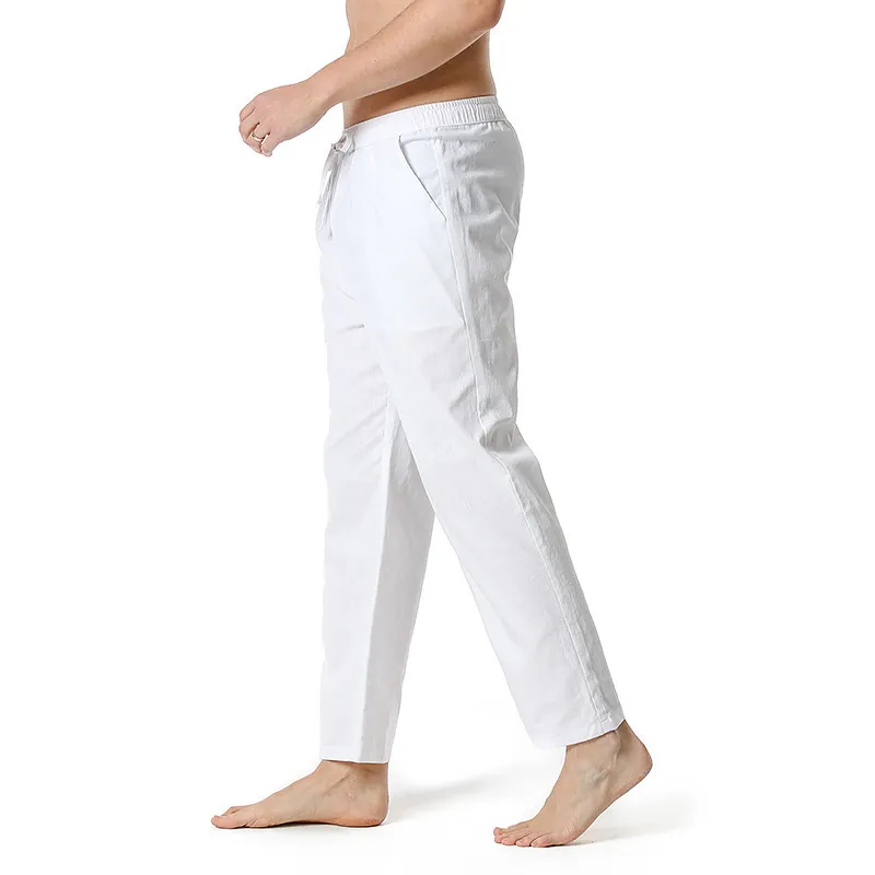 Pantaloni da uomo in lino di cotone bianco Pantaloni da salotto elastici con coulisse in vita Pantaloni da uomo casual leggeri da spiaggia yoga i 210522