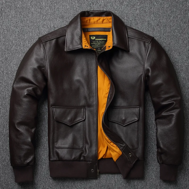 Мужская верхняя слой Натуральная Кожаная Куртка Военные Пилотные Куртки ВВС Полет A2 Куртка Темно-коричневое Негабаритное пальто