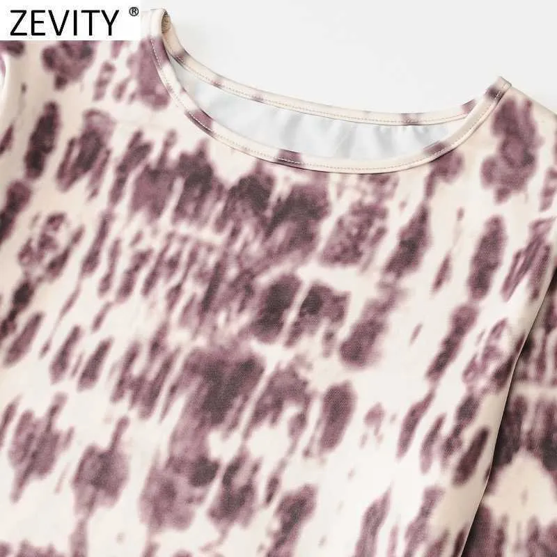 Zevity Women O Neck Long Sleeve Abstract Print Chic Camis Tank Ladies Knitted Slim Short T-shirt Casual Crop Tops LS7647 210603