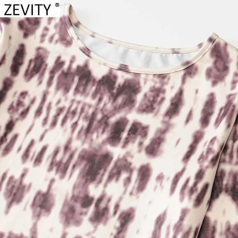 Zevity Women oネック長袖抽象印刷シックキャミスタンクレディースニットスリムショートTシャツカジュアルクロップトップLS7647 210603