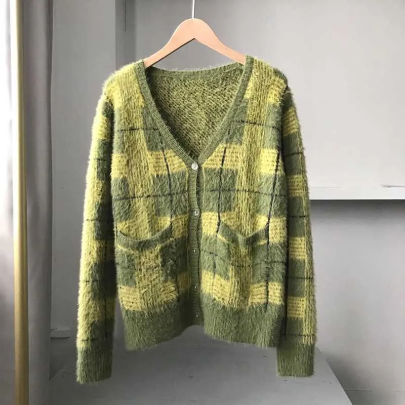 Vintage mohair tröja kvinnor stickade cardigans hajuku lat stil damer v-hals knyter fuzzy plaid cardigan fluffy stickade topp 210914