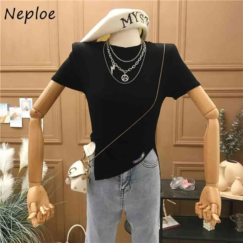 Neploe O cou à manches courtes pull t-shirt femmes côté fendu conception Slim Fit solide t-shirts été haut pour femme tout Match 210510