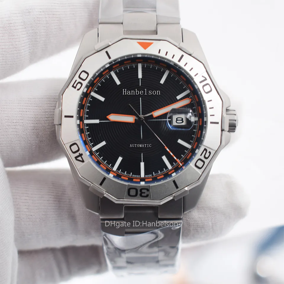 Montre de Luxe Mens Watches Gray Titanium Wristwatches Automatic Movement Movement Black Face Metal Strap Scale Orange Hanbelson206U
