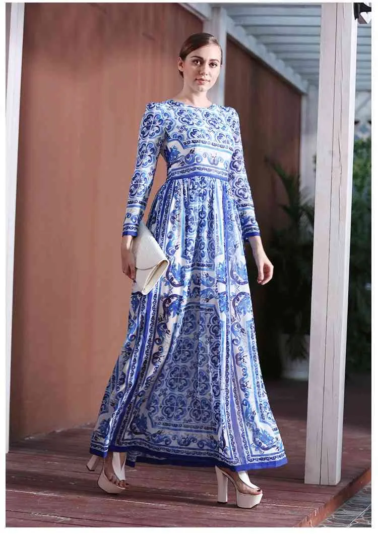 Mody Designer Runway Sukienka Wiosna Jesień Kobiety Sukienka Z Długim Rękawem Klasyczny Niebieski i Biały Porcelanowy Drukuj sukienki 210524
