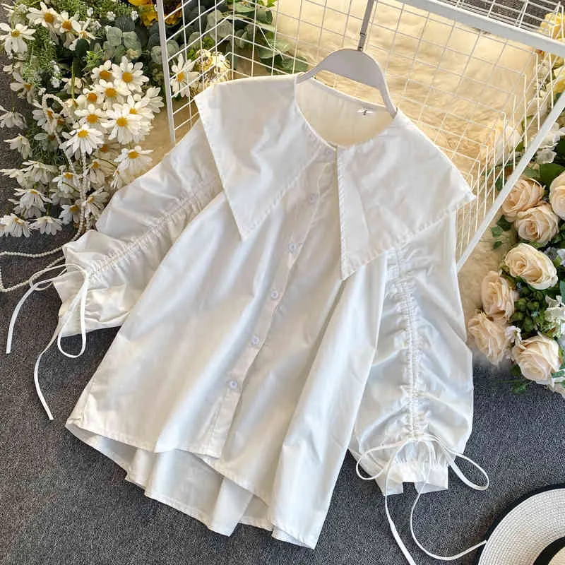 Wiosna Koreańska Luźna Koszula Bluzka Damska Design Nisza Sznurek Plisowany Rękaw Puff Duży Odłóż Kołnierz Top ML768 210506