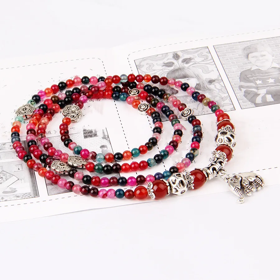 Natural Garnets Agate Strands Multilayer Baby Elephant Pendant Mix colors Beads Beaded Bracelet Fashion Jewellery Whole260v