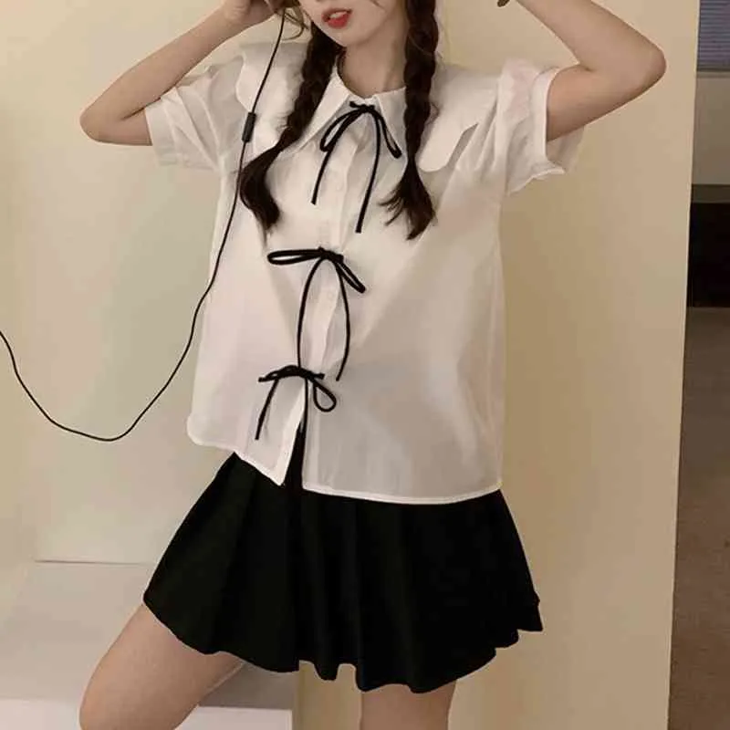 Ezgaga Sweet Lace Up Women Blouse Korean Chi Summer Short Sleeve Peter Pan Collar Loose Girl All-Match Fashion Shirts Casual 210430