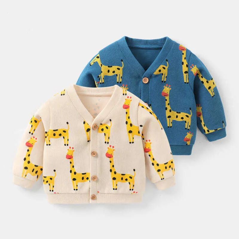 0-4yrs Infants Clothes Boys Cardigan Autumn Cartoon Full Print Giraffe Outerwears Baby Girls Knit Coats Y1024