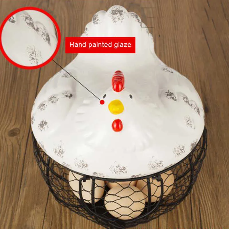 Metal Wire Basket with Ceramic Hens Cover Fruit Egg Holder Decorative Kitchen Storage s for Household Items DFK889 210609