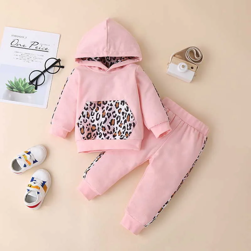 Spring Kids Boys Girls 2-pcs Sets Long Sleeves Leopard Print Hooded + Pants Children Clothes E9011 210610