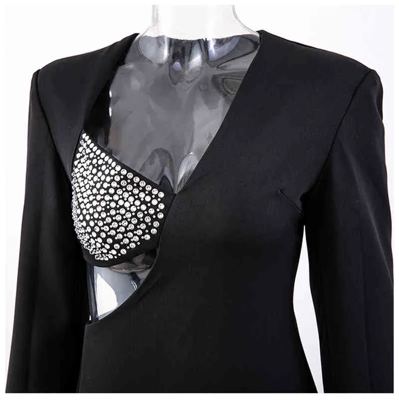 [Eam] Kvinnor Black Hollow Out Spliced ​​Slim Dress V-Neck Långärmad Loose Fit Fashion Fjäder Höst 1DD7693 210512