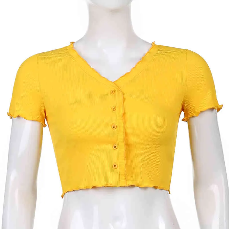 Geripptes Strickrüschen Y2K Crop Top Kurzarm Damen T-Shirt weiblich Sommer Button Up Casual Basic T-Shirt Streetwear 210510