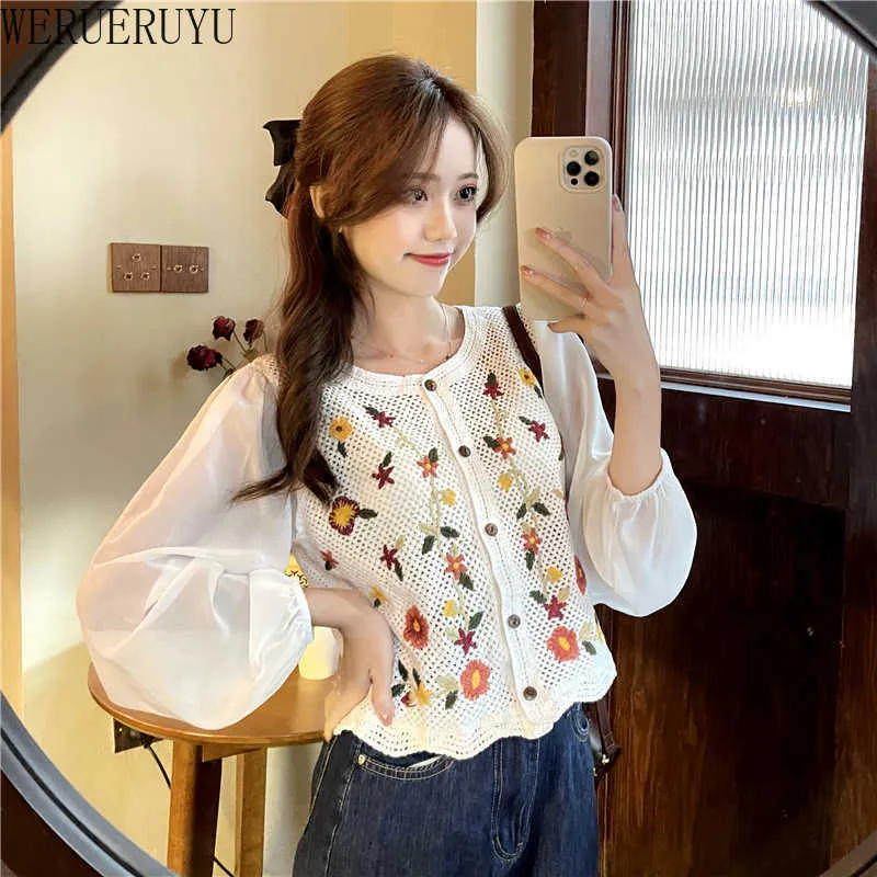 WERUERUYU Korean Style Hollow out O-neck Short Knitted Sweaters Women Thin Cardigan Fashion Sleeve Sun Protection Crop Top 210608