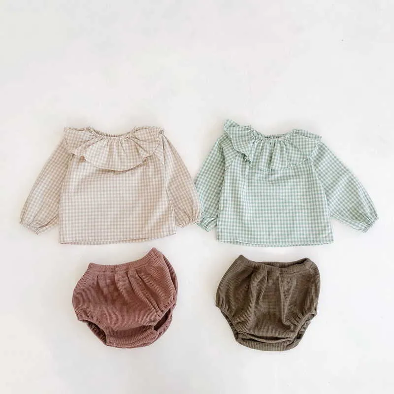 Spring Kids Girls 2-pcs Sets Plaid Shirts + Solid Color Shorts Cute Style born Clothes E6094 210610