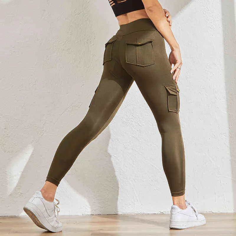 NORMOV Workout Frauen Leggings Casual Patchwork Tasche Hohe Taille Push-Up Cargo Hosen Jeggings Solide Fitness Weibliche 211215