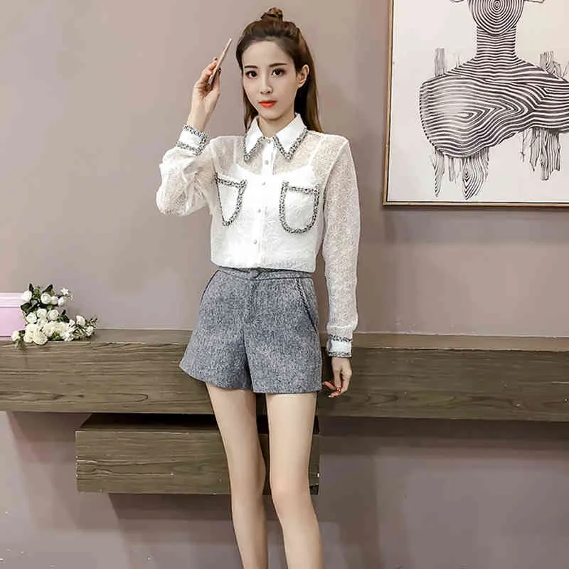 Spring Autumn Women's Shirt Korean Style See-through Lace Pocket Loose Blouse Top Casual Long Sleeve Base Tops LL618 210506