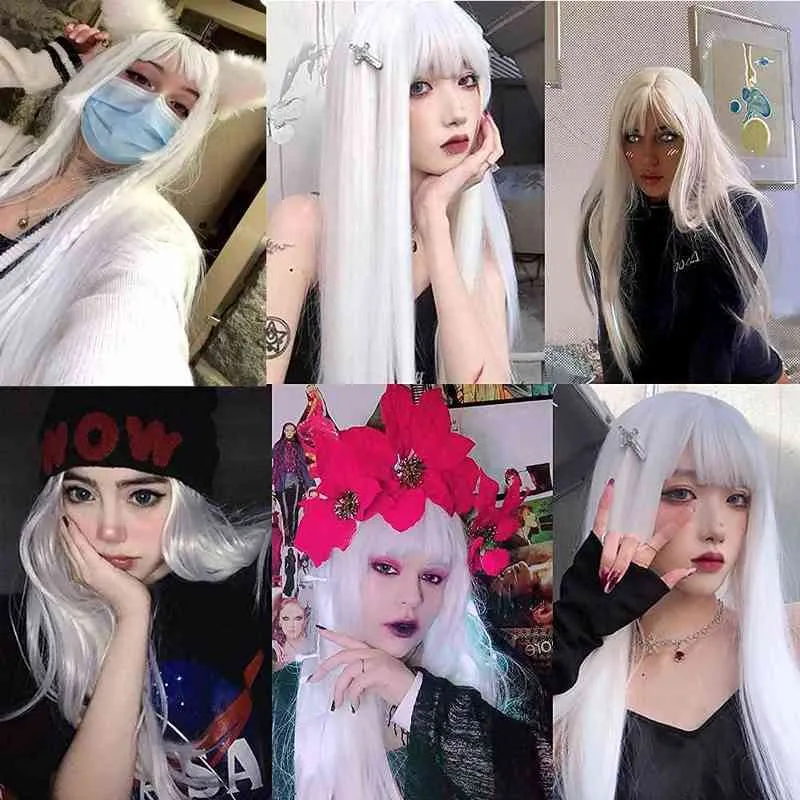 Hair Synthetic Wigs Cosplay Fgy 26 Inch Long Straight with Bangs White Wig Cosplay Red Green Lolita Ladies Anime High Temperature Fiber Synthetic 220225