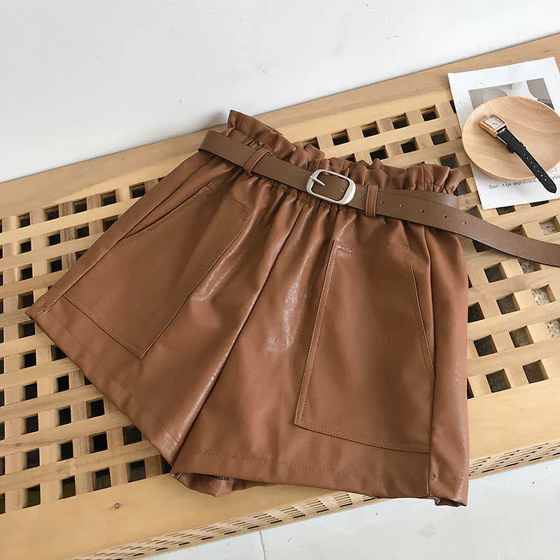 Flectit Women Paperbag Couro Shorts com Bolso Front Bolso Outono Inverno Faux Largo Perna Alta Cintura Khaki Outfit * 210719