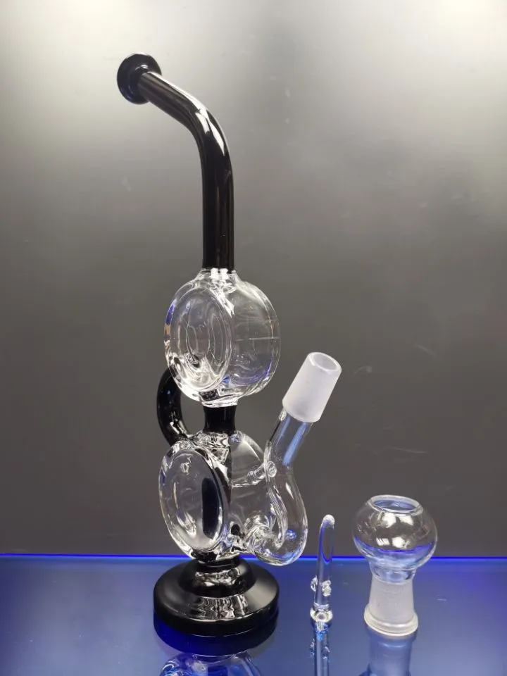 Unikt glas Bong Glass Vattenrör Percolator Glass Recycler med svart hals 14,4 mm Joint Zeusart Shop