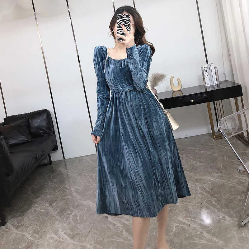 PEUT-ÊTRE U Femme Élégant Noir Bleu Velours O Cou À Manches Longues Au Genou Robe A-ligne Solide Chic D3088 210529