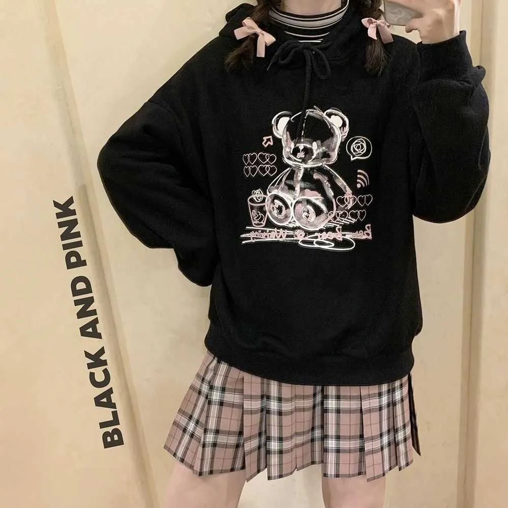 Sweat à capuche Anime Cartoon Kawaii Pink Bear Imprimer Harajuku Sweat à capuche Top Sweats à capuche Femmes Goth Vêtements à capuche à manches longues Femme 210930