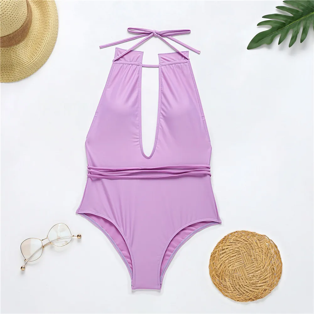 Solid Lila Grön Badkläder Djup V-Neck Push Up Plunge Criss Cross Baddräkt Beach Wear Backless Monokini 210520