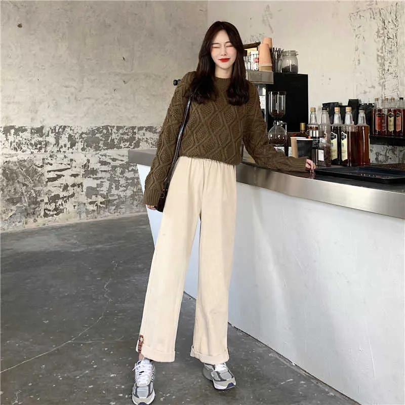Houzhou Brown Corduroy широкие брюки для ног Женщины Корейский мода бежевые брюки для женщин негабаритные высокие талии весна свободно 210925