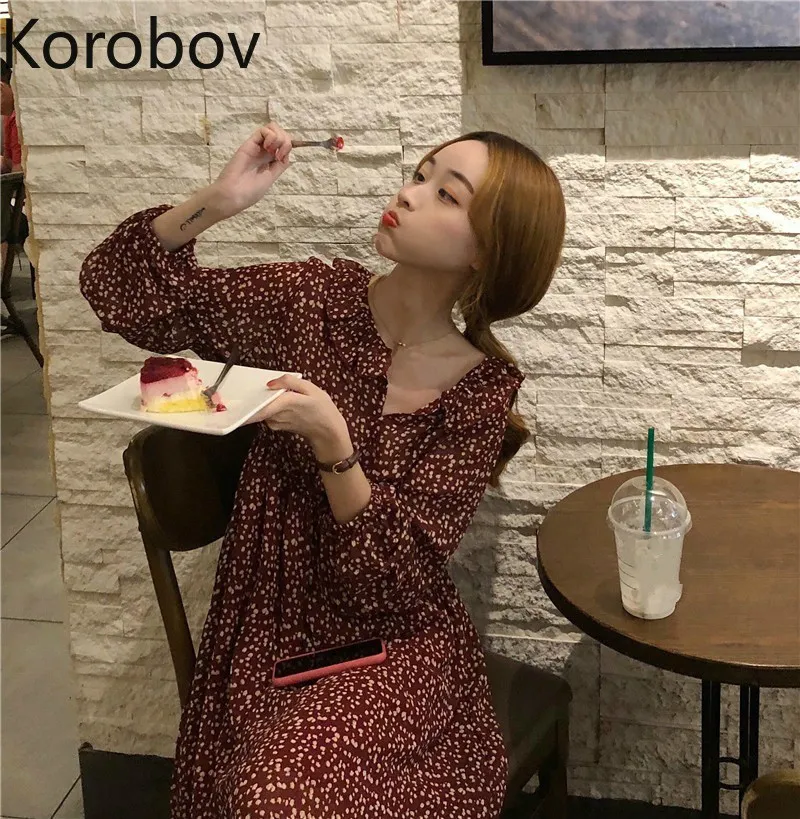 Korobov koreanska chic print elegant klänning hög midja höft en linje vestido o neck långärmad lång semester ropa våren ny 2a749 210430