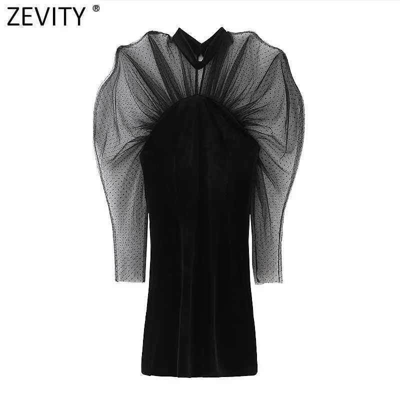 ZEVITY Kadınlar Seksi Perspektif Pleats Örgü İplik Patchwork Kadife Ince Mini Elbise Kadın Yüksek Sokak Parti Vestido DS4890 210603