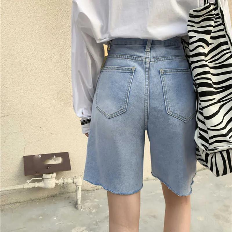 Aelegantmis taille haute genou longueur jean femmes décontracté lâche Denim rétro Cowboy pantalon droit Shorts coréen Chic Streetwear 210607