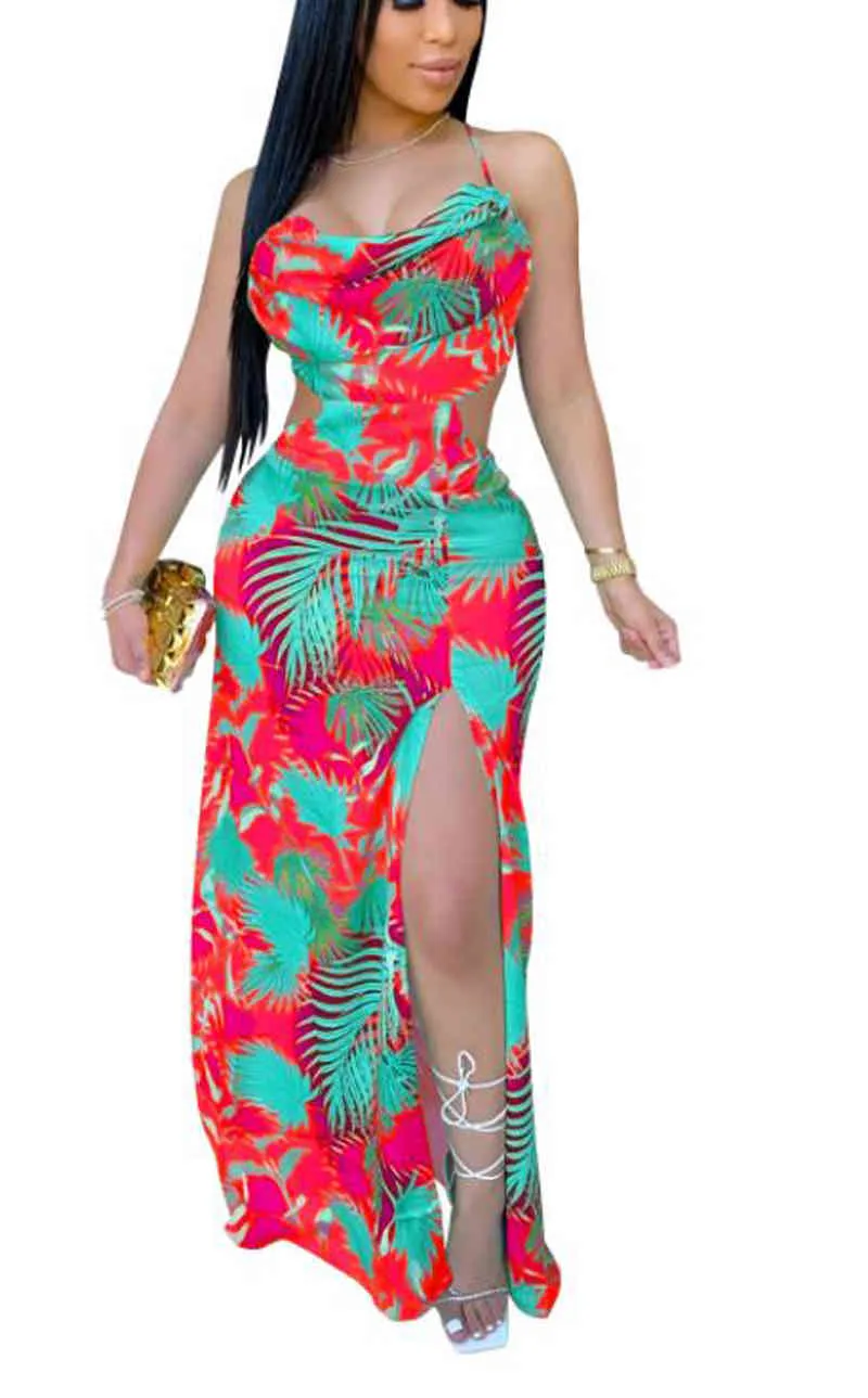 여성 드레스 높은 허리 파티 칼집 슬림 피트 분할 가방 엉덩이 스파게티 스트랩 여름 민소매 O 넥 인쇄 의류 210522