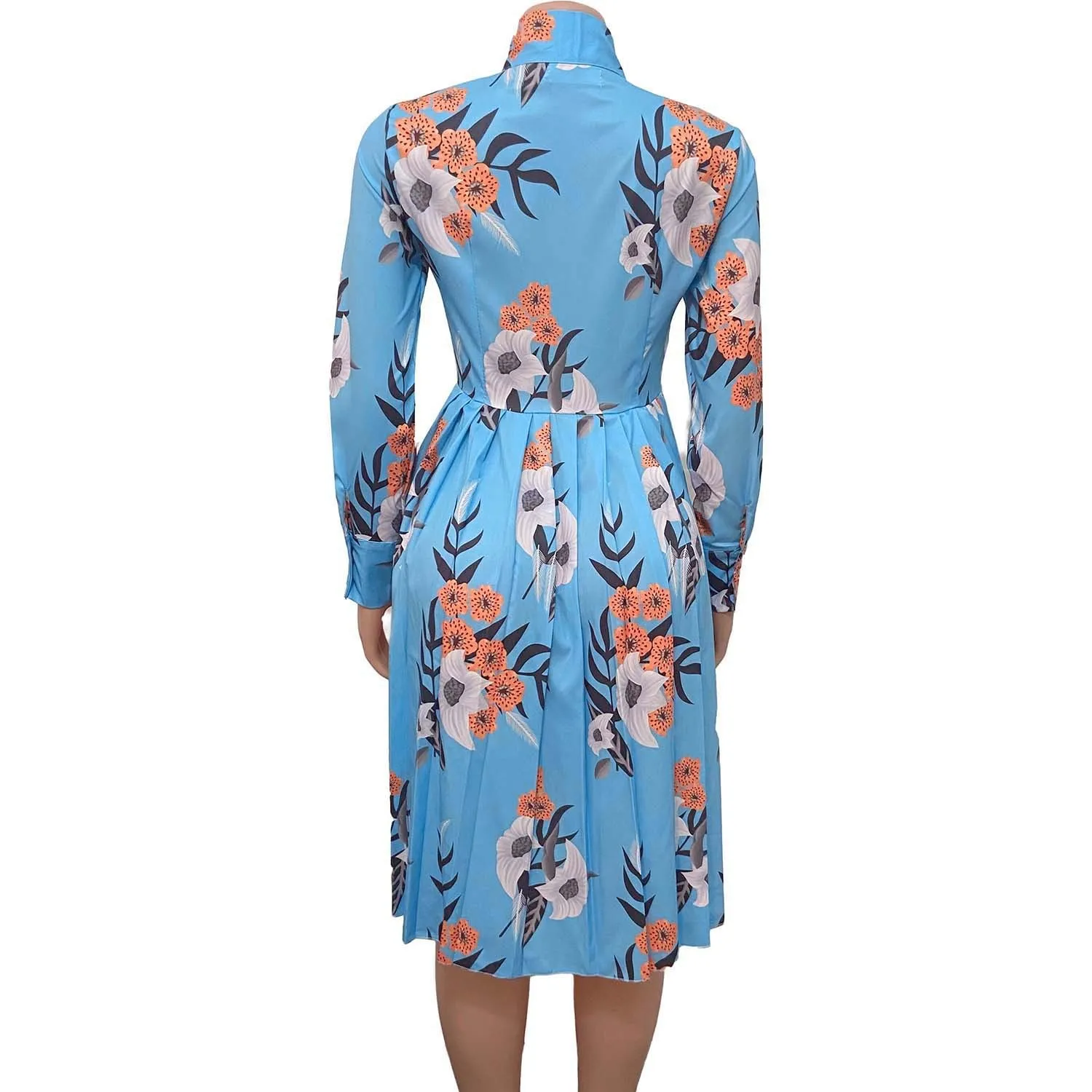 女性の花の花の膝の長さの長袖の女性のプリーツドレス