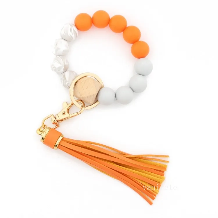 14 style Wood silica gel beaded bracelet keychain Loss prevention tassel key ring pendant pure multicolor optional T2I52758