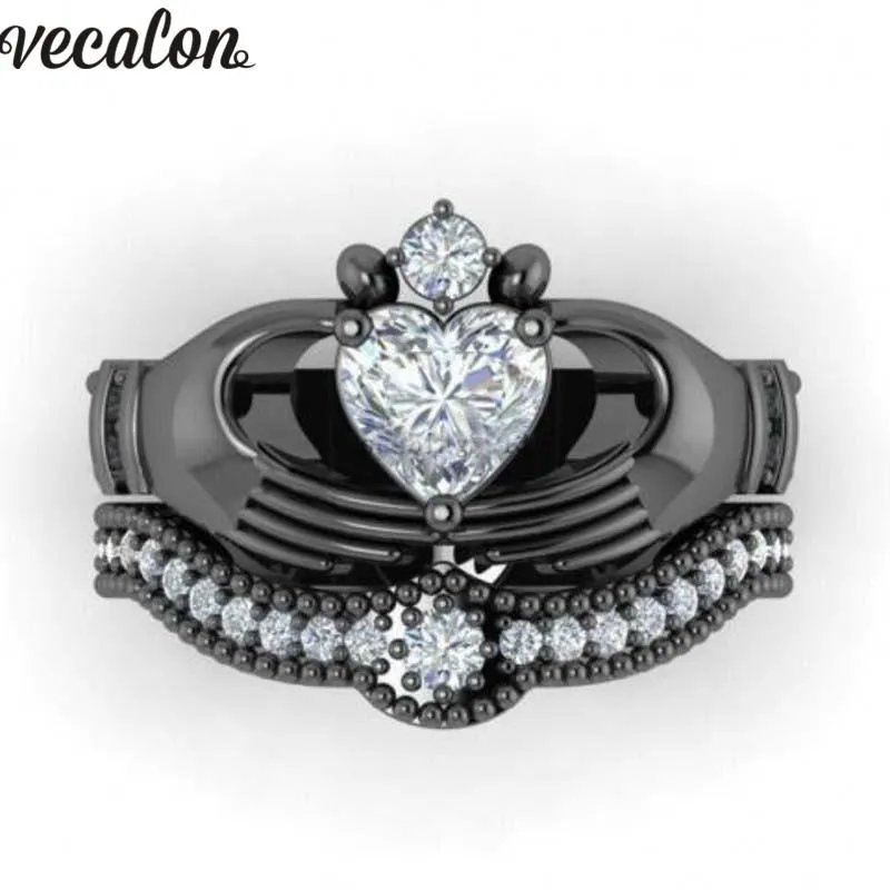 Обручальные кольца Vecalon Luxury Lovers Claddagh Ring 1ct 5A Циркон Cz Белое золото Заполненный обручальный набор для женщин и мужчин260e