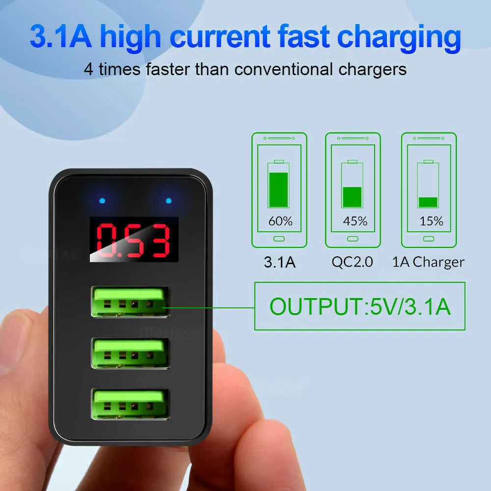Voiture 5V 3.1A affichage chargeur USB pour iPhone chargeur 3 Ports charge rapide chargeur de téléphone mural pour iPhone Samsung Xiaomi adaptateur USB