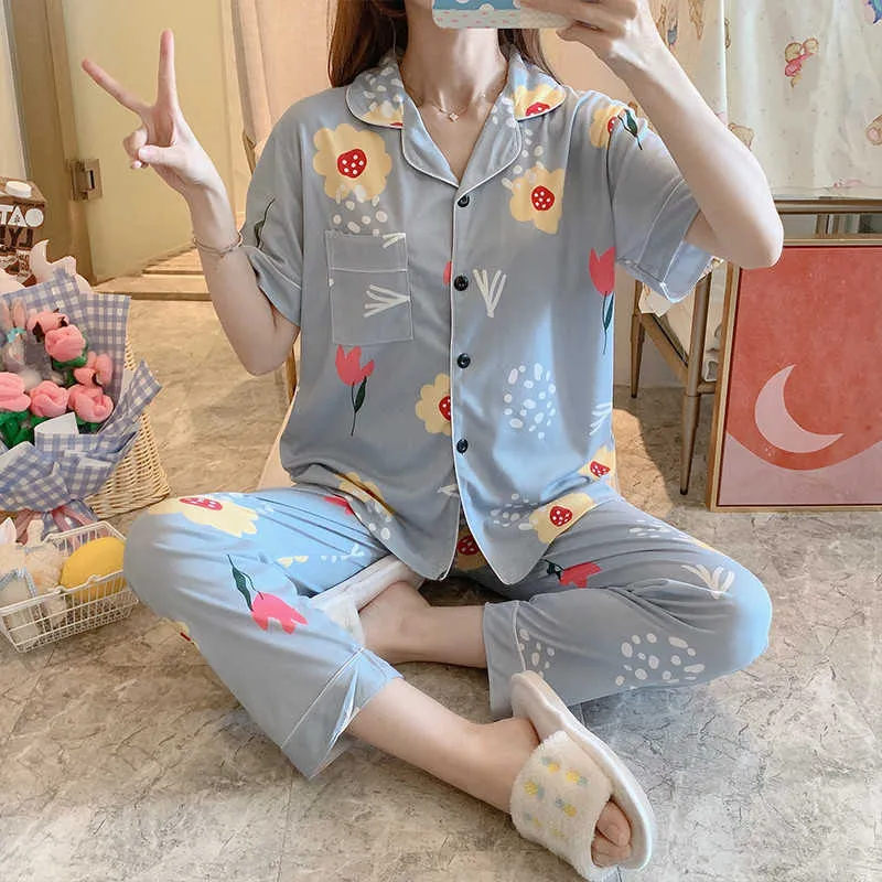 Verkauf Frauen Home Wear Frühling Sommer Kurzarm Pyjamas Set Lange Hose Pyjamas s Baumwolle Freizeit Nachtwäsche 210809