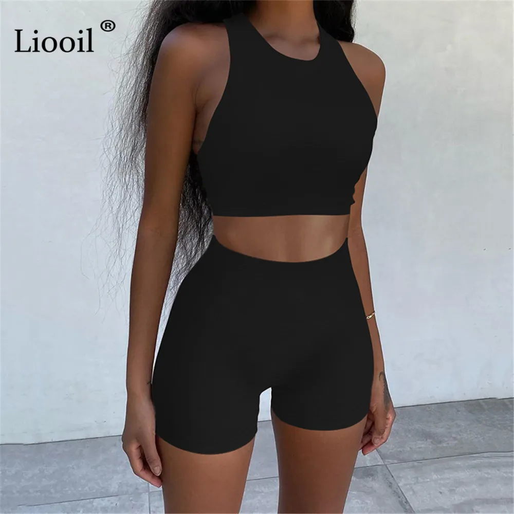 Liooil Two Piece Tight Outfits Set Sexy Tank Tops And Shorts 2021 Sleeve O Neck Women Tracksuits Jogger Suit Black Red Sets X0428