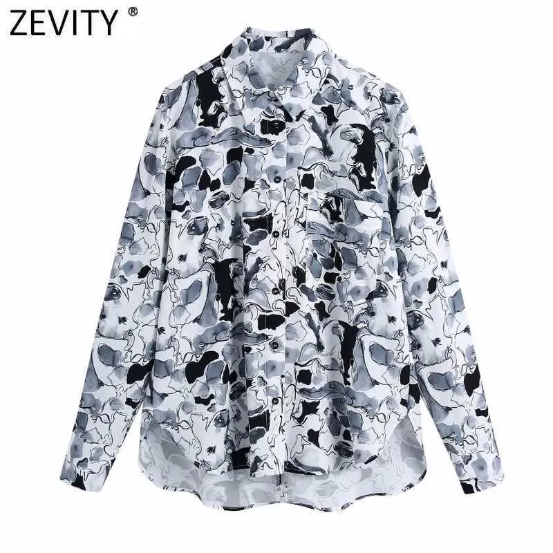 Zevity Femmes Vintage Encre Graffiti Print Blouse Blouse Femme Poches décontractées Chemises Chico Business Kimono Blusas Tops LS7714 210603