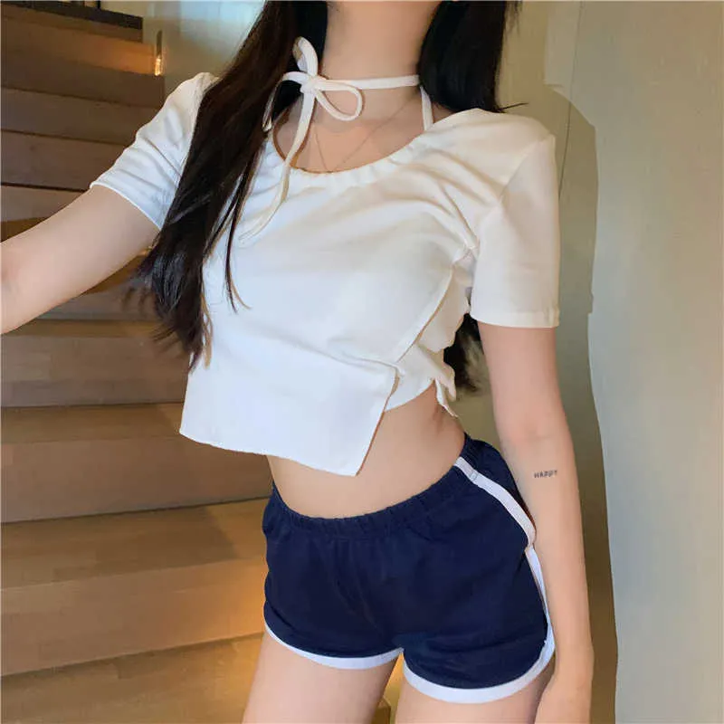 T-shirt Women's Ins White Short Tie Irregular Design Niche Short-sleeved Shirt Summer Style 210529