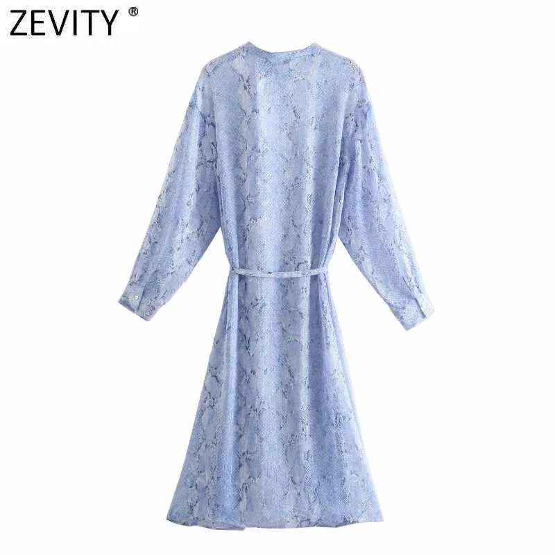Zeefity Dames Vintage O Hals Snake Skin Print Lace Up Casual Shirt Jurk Vrouwelijke Chic Single Breasted Transparent Vestidos DS8292 210603
