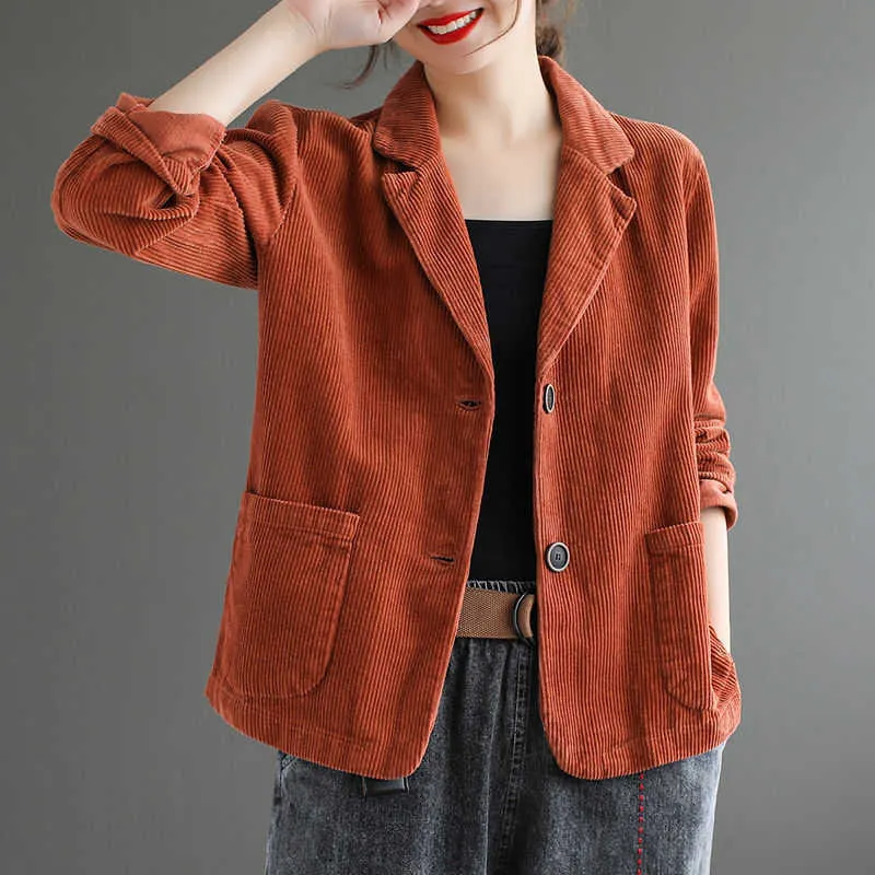 Vintage Femmes Corduroy Veste Printemps Automne Manteau Dames Casual Outwear Femme À Manches Longues Lâche Simple Boutonnage Blazers 211019