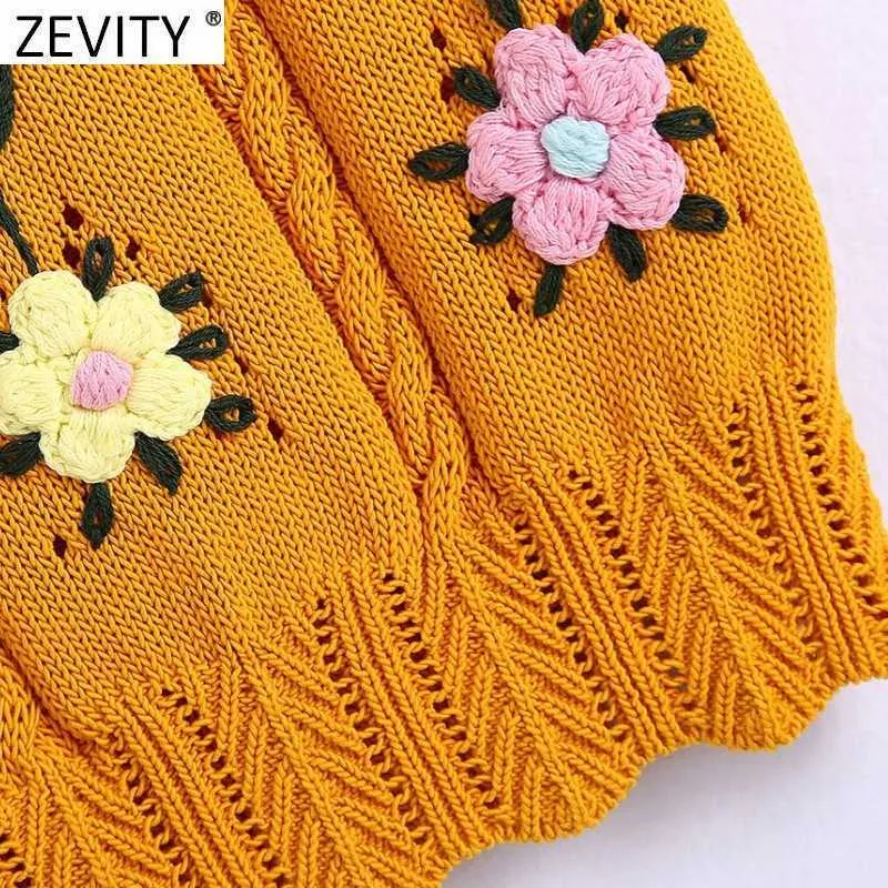 Zevity Women Floral Broderi Crochet Kort Stickning Tröja Lade Ärmlös Casual Slim Sommar Vest Crop Pullovers Tops SW850 210603