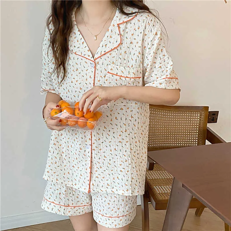 All Match Piante stampate Eleganti ragazze gentili Allentato Casual Homewear Donna Sleepwear Pigiama Completi 210525